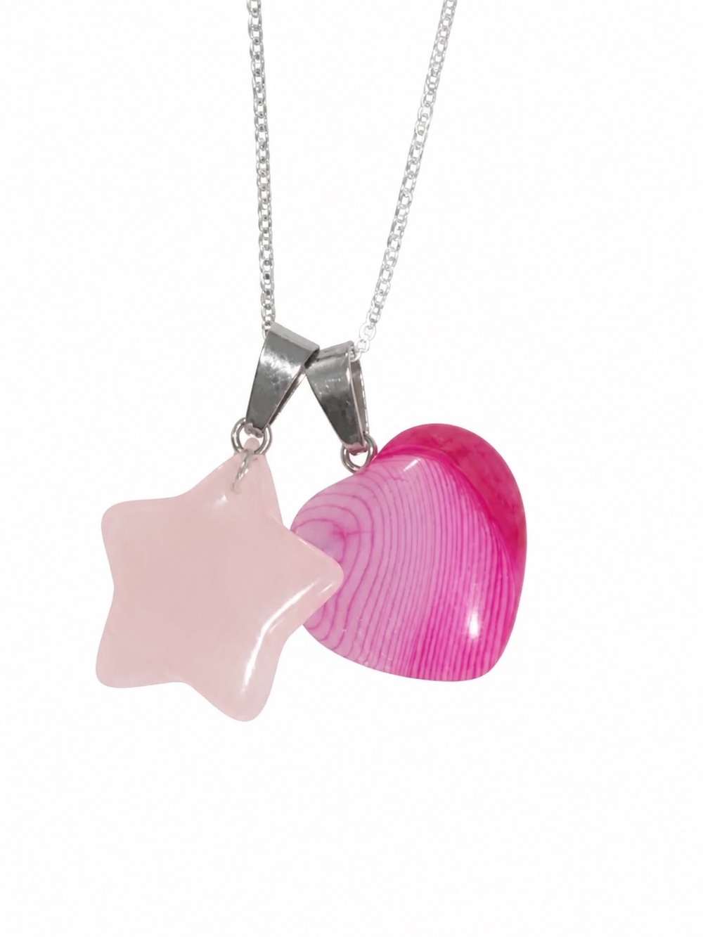 Boho hippie Rose Quartz Star ⭐️ and Pink Agate Heart ❤️ Silver 16” Neck…